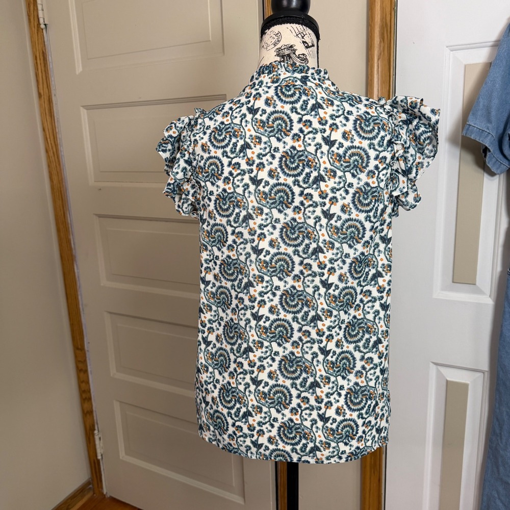 J.Crew XS Floral Paisley Ruffle Sleeve Split Neck Popover Teacher Lightweight - Picture 2 of 6